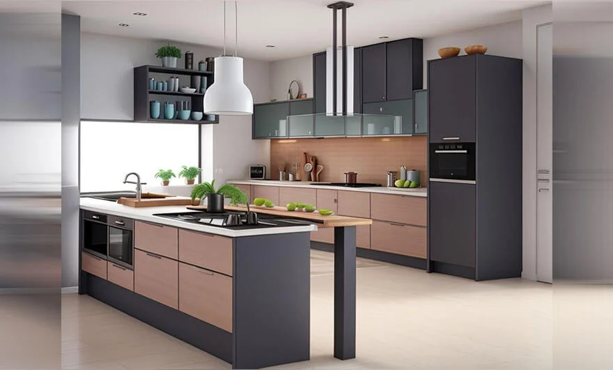 3D rendering of a parallel modular kitchen design featuring a modern layout with sleek cabinets, contemporary fixtures, and an efficient use of space.