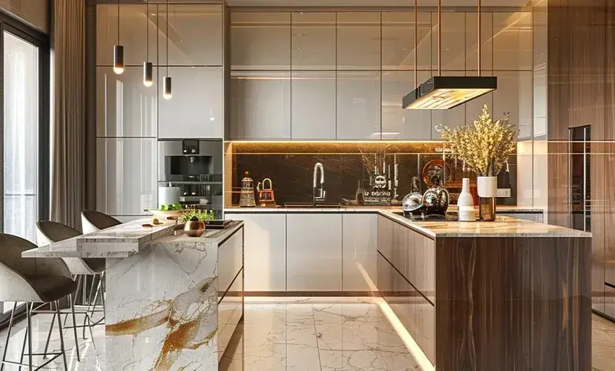 L-shaped modular kitchen designs in a beautiful modern kitchen room, featuring sleek cabinetry, efficient layouts, and a stylish blend of contemporary design and functionality.