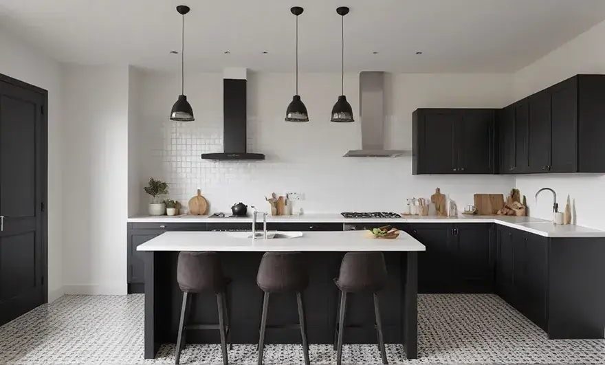 L-shaped modular kitchen design featuring sleek black cabinets paired with white tile flooring, creating a striking contrast and a modern, stylish kitchen atmosphere.