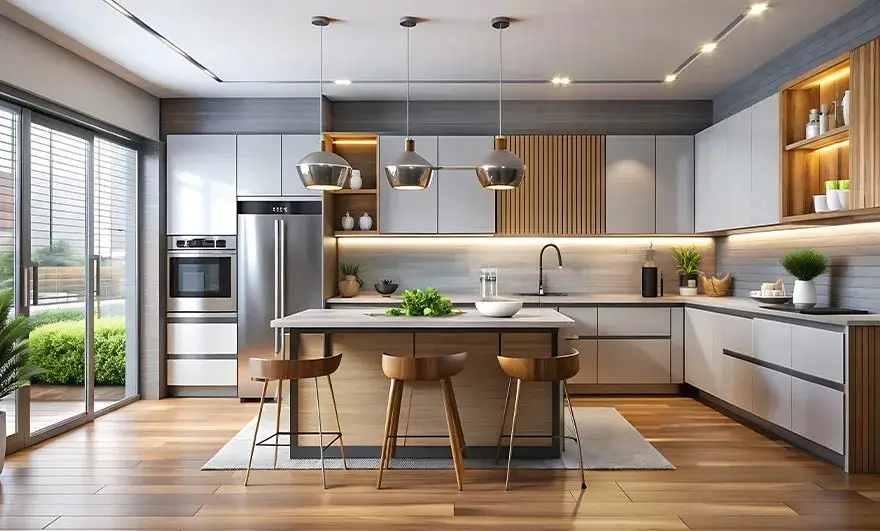 L-shaped modular kitchen design in a contemporary style, featuring sleek appliances and minimalist features that combine functionality with modern elegance.