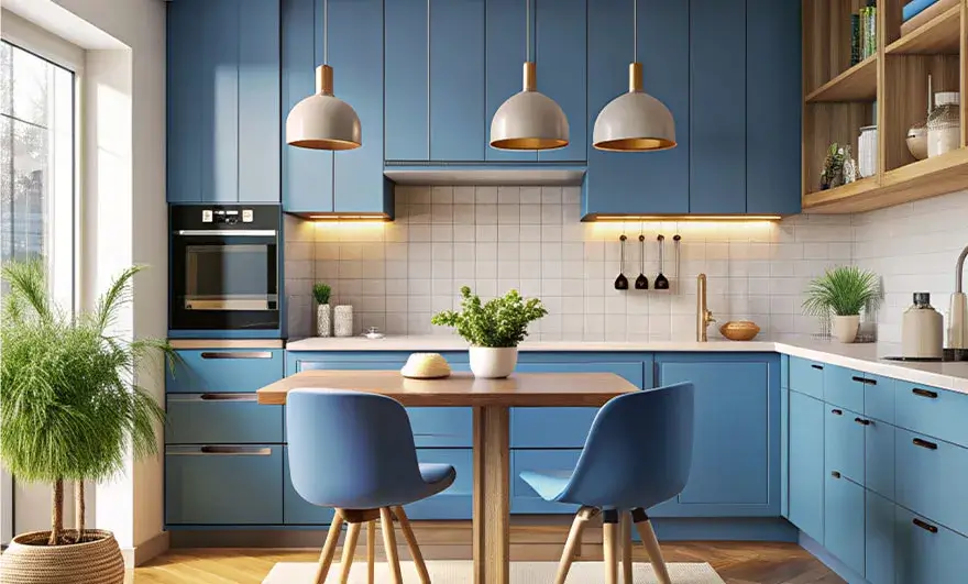 L-shaped modular kitchen design in a cozy modern interior, featuring a stylish blue chair and warm decor elements that create an inviting atmosphere.
