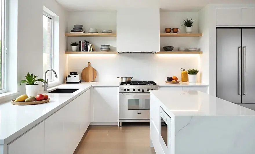 L-shaped modular kitchen design featuring cozy modern interior with sleek white cabinets and warm decor elements, creating a bright and inviting atmosphere.
