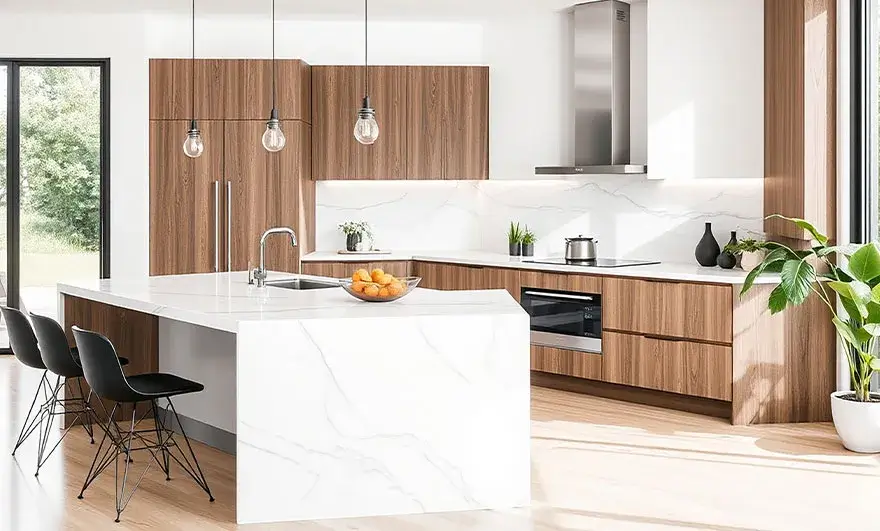 L-shaped modular kitchen design featuring a cozy modern interior with elegant wooden cabinets and warm decor elements, creating a welcoming and stylish space.