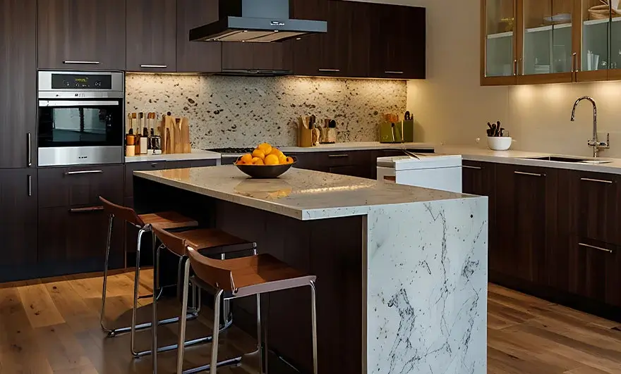 L-shaped modular kitchen design featuring a granite countertop, integrated stovetop, and built-in oven, combining durability and modern style for a functional and elegant kitchen space.