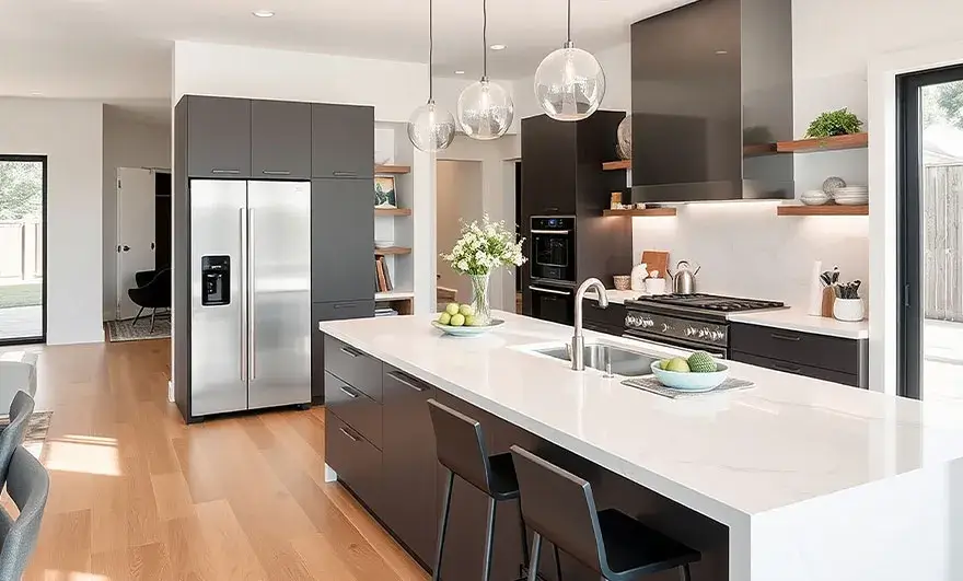 L-shaped modular kitchen design featuring stylish grey cabinets paired with a warm wooden tile floor, creating a cozy and inviting atmosphere in a modern kitchen space.