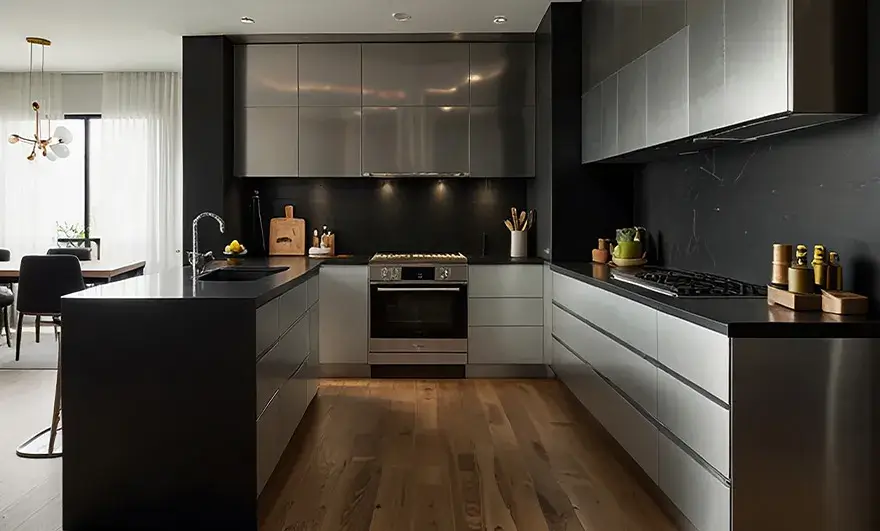 L-shaped modular kitchen design featuring sleek grey cabinets, offering a modern and sophisticated look while maximizing space and functionality in a contemporary kitchen.
