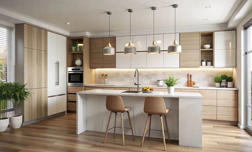 L-shaped modular kitchen design featuring a central island with chairs and stylish pendant lights hanging from the ceiling, creating a modern and inviting dining space within the kitchen.
