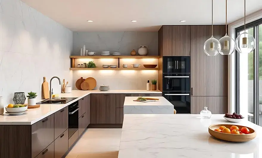 L-shaped modular kitchen design featuring a large center island, perfect for cooking and entertaining, with ample space for pots, pans, and other kitchen essentials in a modern, functional layout.