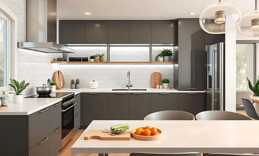 L-shaped modular kitchen design featuring a large island with a fruit bowl on the countertop, alongside a dining area with table and chairs, creating a functional and stylish kitchen layout.