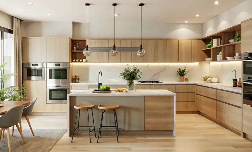 L-shaped modular kitchen design showcasing a large island complemented by rich wood cabinets and modern stainless steel appliances, offering a blend of warmth and contemporary style for a functional cooking space.
