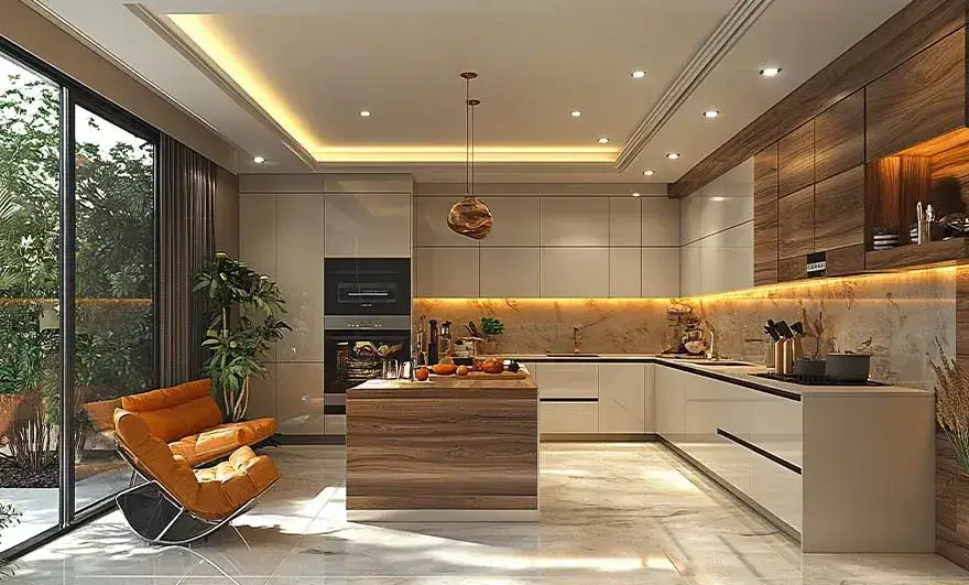 L-shaped modular kitchen design in a luxurious modern small kitchen, featuring clean lines and a sleek layout for a sophisticated yet space-efficient kitchen.