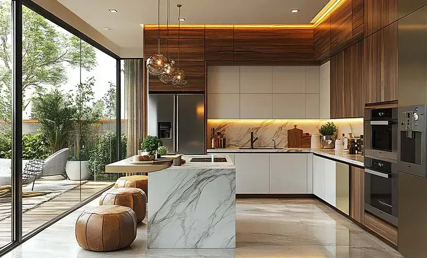 L-shaped modular kitchen design in a luxurious modern small kitchen, featuring a combination of wooden and white cabinets with clean lines for a stylish and space-efficient layout.