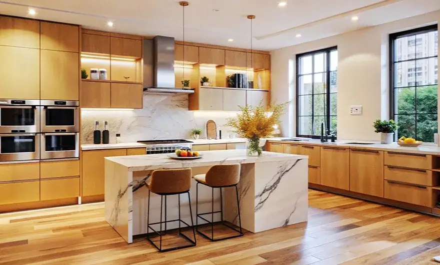 L-shaped modular kitchen design featuring a luxurious marble island and warm hardwood floors, creating a perfect blend of elegance and natural charm in a modern kitchen space.