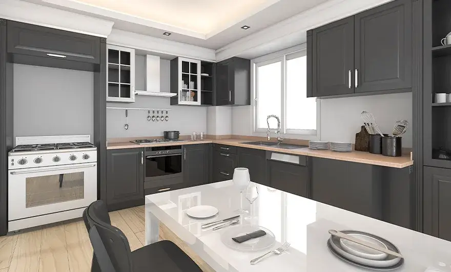 L-shaped modular kitchen design with a striking modern black finish, featuring sleek lines and contemporary elements that create a bold and sophisticated cooking space.