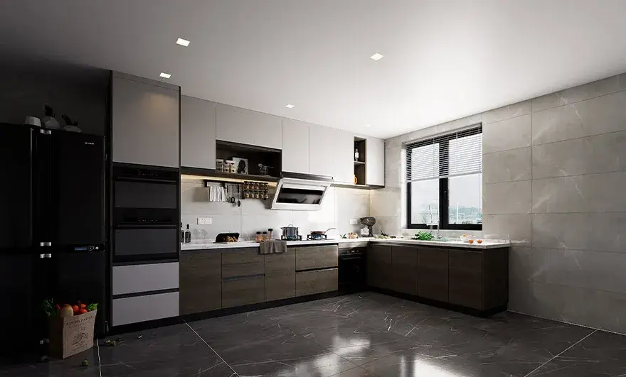 L-shaped modular kitchen design featuring a modern dark theme, showcasing sleek cabinetry and sophisticated finishes that create a bold and elegant kitchen atmosphere.