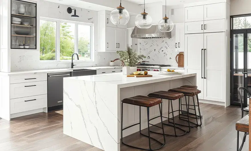 L-shaped modular kitchen design in a modern and elegant kitchen interior, showcasing refined finishes and a sophisticated layout that blends style and functionality.