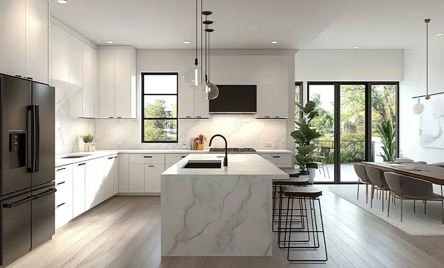L-shaped modular kitchen design featuring high-end appliances and a stylish backsplash, set in an open layout perfect for cooking and entertaining guests in a modern space.
