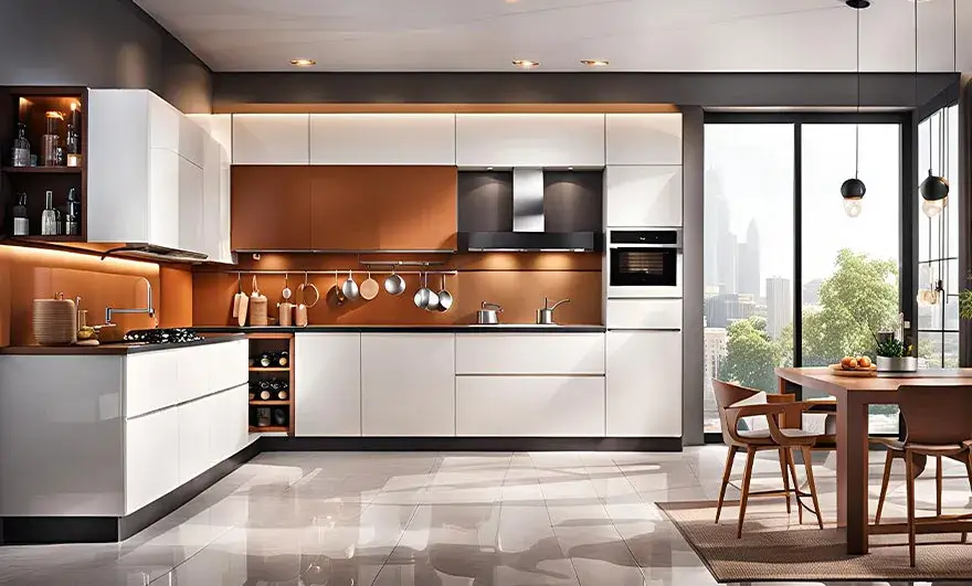 L-shaped modular kitchen design set against a sleek modern kitchen interior background, offering a clean and functional layout with contemporary design elements.
