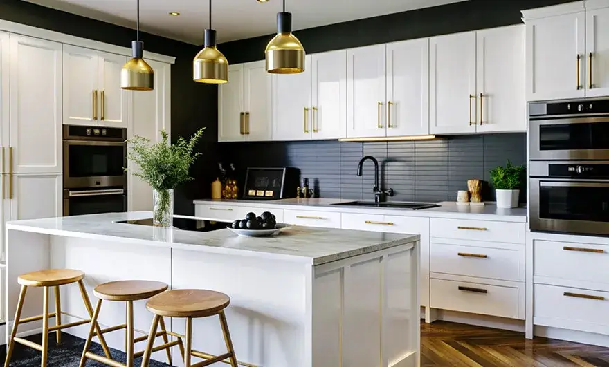 L-shaped modular kitchen design with a modern interior design, featuring sleek cabinetry and a functional layout that balances style and practicality in a contemporary setting.