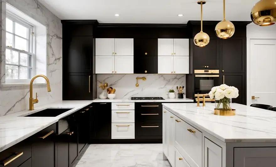 L-shaped modular kitchen design featuring a luxurious blend of white marble countertops, elegant black cabinets, and sophisticated gold accents, creating a stunning and contemporary kitchen space.