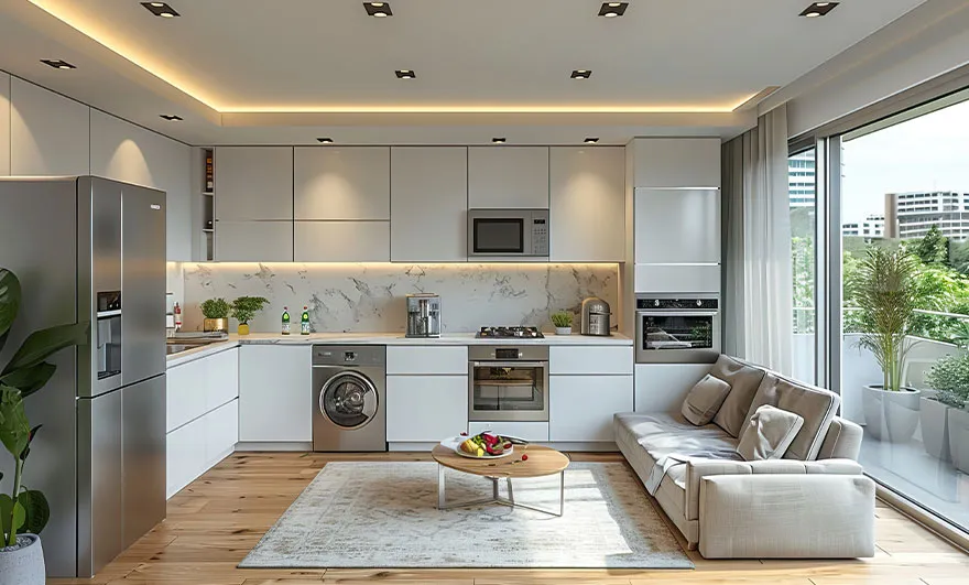 L-shaped modular kitchen design featuring a modern minimalist approach with wooden elements and sleek appliances, blending contemporary style with warm, vintage charm.