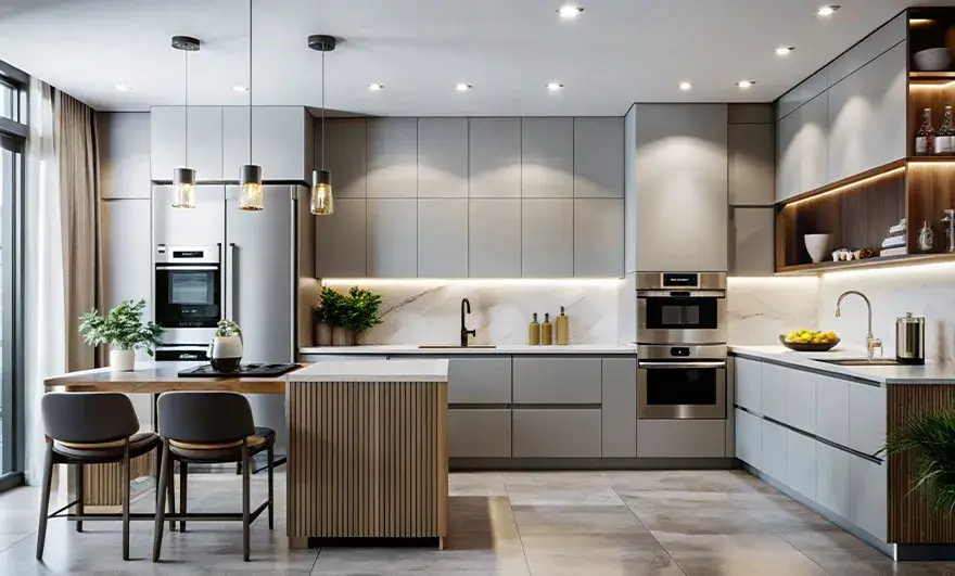 L-shaped modular kitchen design featuring a sleek aesthetic and a functional layout, combining modern style with practicality for an efficient cooking environment.