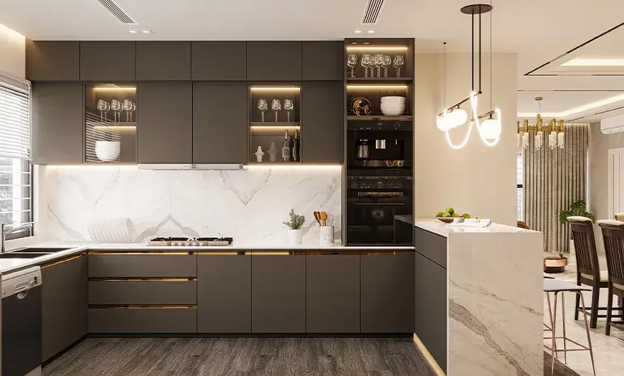 L-shaped modular kitchen design featuring a modern wooden-gray kitchen with an island and stools, complemented by large windows and elegant parquet herringbone flooring, creating a stylish and inviting cooking space.