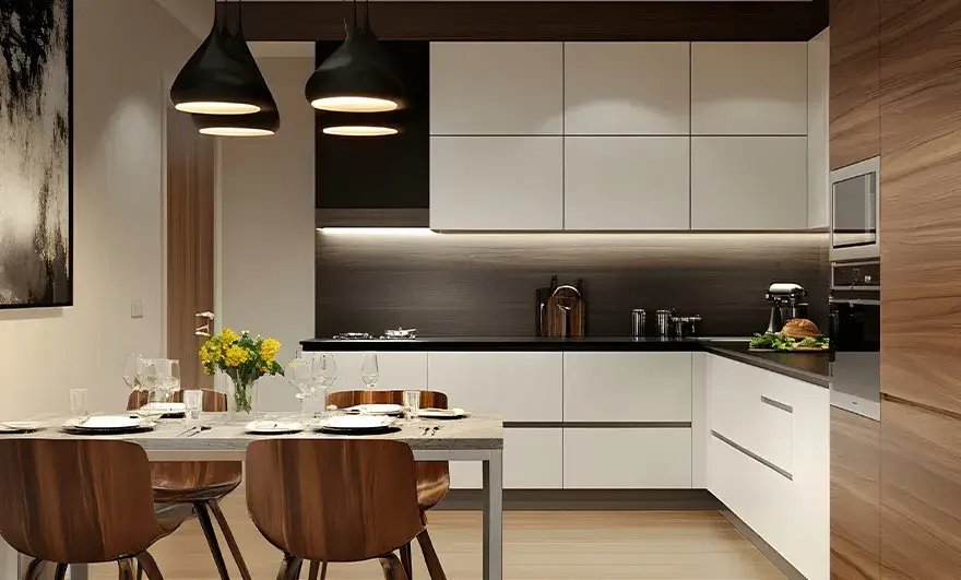 L-shaped modular kitchen design in an open-plan kitchen and dining area of a modern apartment, featuring sleek finishes and a seamless flow between cooking and dining spaces for an inviting atmosphere.