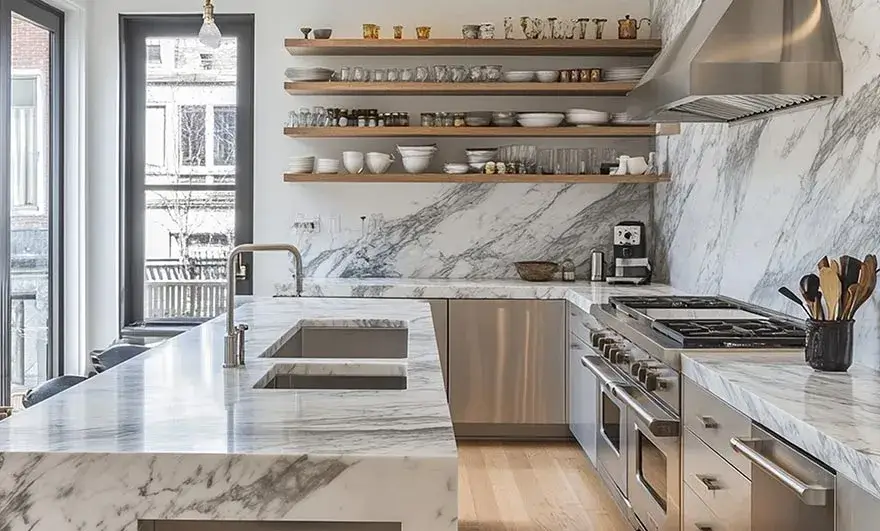 L-shaped modular kitchen design within an open-plan living space of a residential house, filled with natural light and accented by retro furniture, creating a warm and inviting atmosphere.