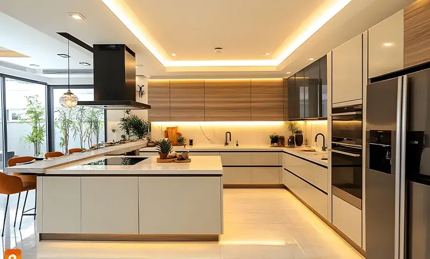 L-shaped modular kitchen design emphasizing optimized functionality and elegant design in a modern kitchen, blending style and practicality for an efficient cooking environment.