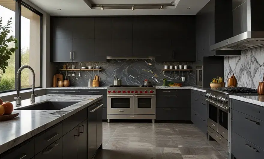 L-shaped modular kitchen design featuring a professional kitchen view with a sleek steel counter, showcasing a blend of functionality and modern aesthetics for culinary enthusiasts.
