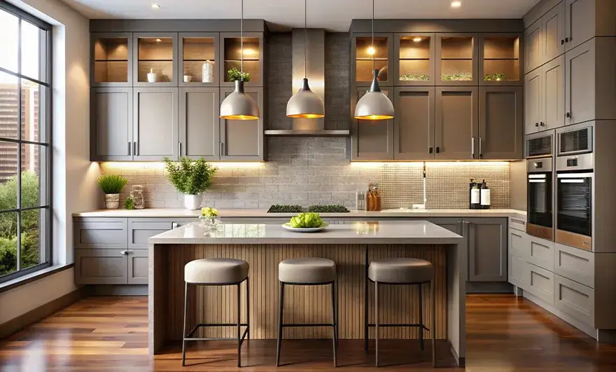 L-shaped modular kitchen design showcased within a stylish residential interior, blending modern aesthetics with practical functionality to create a warm and inviting cooking space.