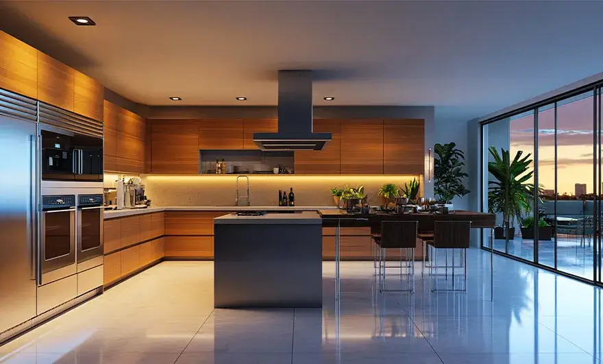 L-shaped modular kitchen design featuring sleek lines, state-of-the-art appliances, and a contemporary layout , seamlessly blending modern style with high functionality.