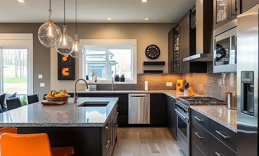 L-shaped modular kitchen design featuring stainless steel appliances and luxurious granite countertops, combining durability with modern elegance for a high-end kitchen interior.