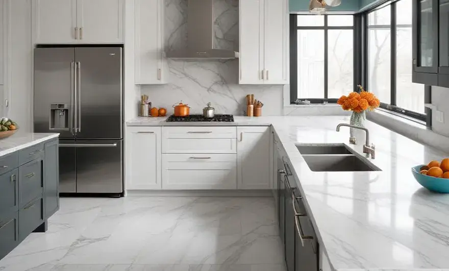 L-shaped modular kitchen design featuring a sleek stove and bold orange accents, adding a touch of warmth and vibrancy to the modern kitchen space.