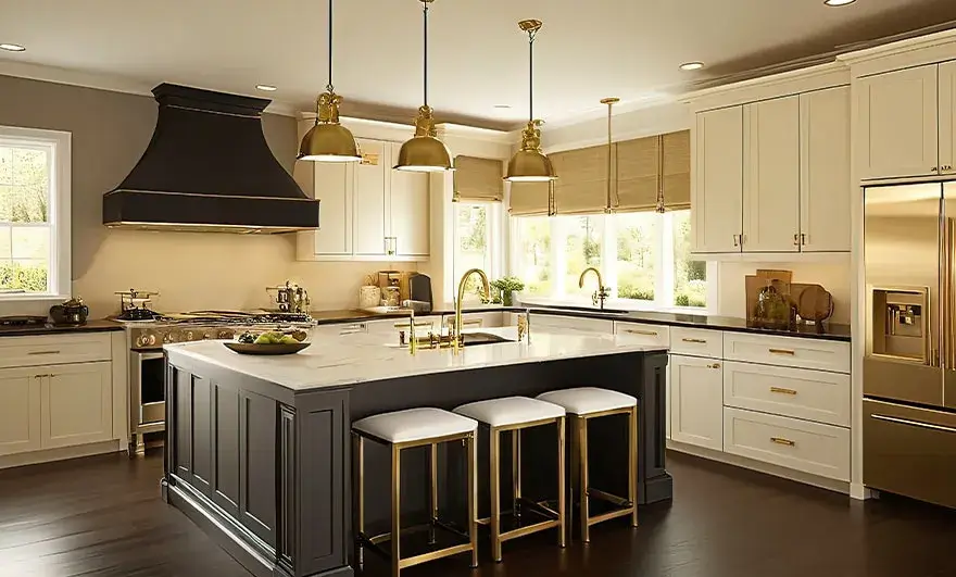 L-shaped modular kitchen design featuring a blend of traditional and modern styles with cream cabinets and brass accents, creating an elegant and timeless cooking space.
