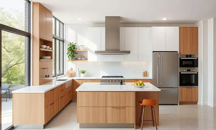 L-shaped modular kitchen design featuring two-tone white and wood cabinets, creating a stylish contrast that adds warmth and modern elegance to the kitchen space.
