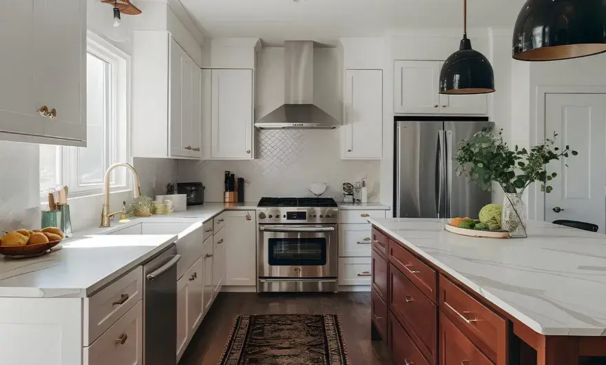 L-shaped modular kitchen design featuring sleek white cabinets and elegant marble countertops, creating a bright, modern, and sophisticated kitchen space.