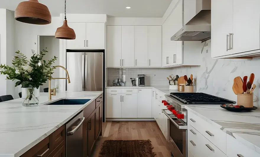 L-shaped modular kitchen design with classic white cabinets and luxurious marble countertops, combining modern style with timeless elegance for a sophisticated kitchen space.