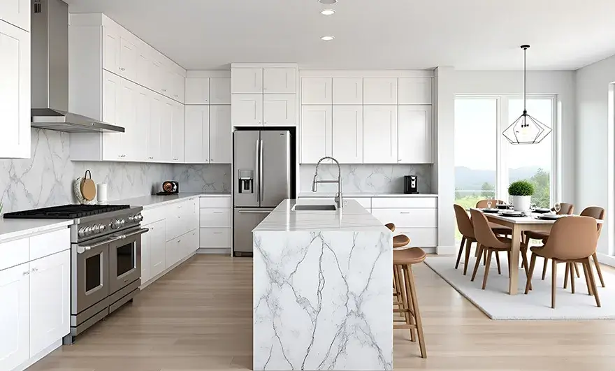 L-shaped modular kitchen design featuring a kitchen island with a white marble countertop, offering a blend of modern elegance and functionality in a stylish space.