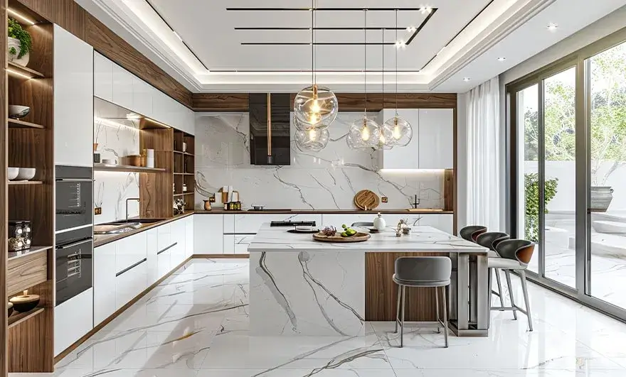 L-shaped modular kitchen design in a white and neutral contemporary kitchen, offering a clean, minimalist aesthetic with a functional layout for a modern cooking experience.