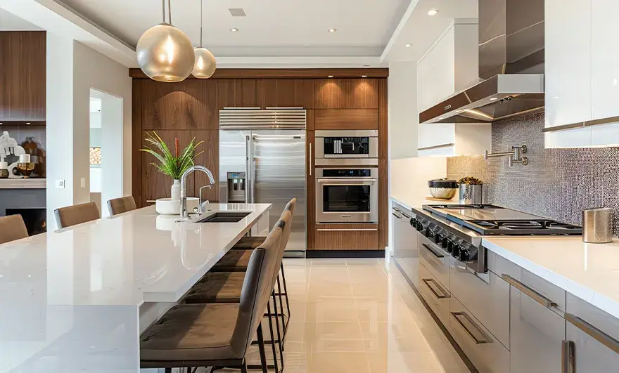 L-shaped modular kitchen design featuring warm wood cabinets, stainless steel appliances, and a spacious large island, combining functionality and modern style for an inviting kitchen environment.