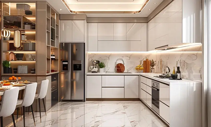 L-shaped modular kitchen designs showcased in a beautiful modern kitchen room, blending sleek finishes with contemporary layout for a stylish and functional cooking space.
