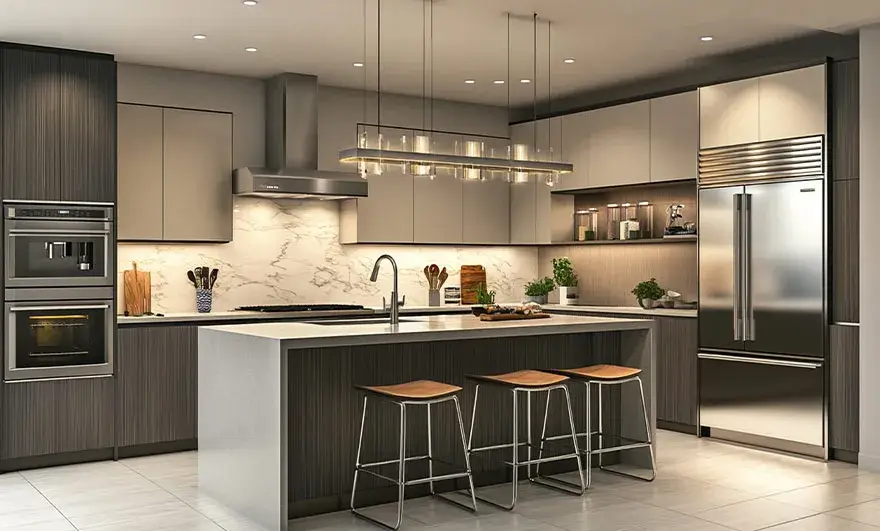 L-shaped modular kitchen designs in a contemporary setting with stainless steel finishes, combining sleek modern style with high functionality for an upscale kitchen experience.