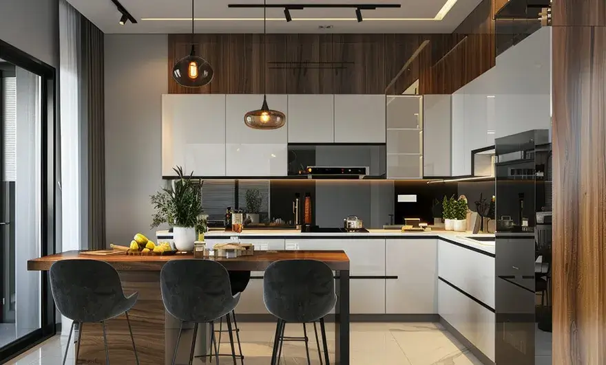 L-shaped modular kitchen designs in a luxury house with beautiful design elements, showcasing efficient layouts, premium finishes, and a stylish aesthetic for modern living.