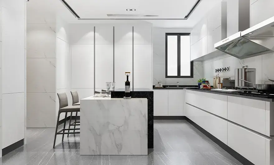 L-shaped modular kitchen designs with a white minimal aesthetic and wood decoration, offering a blend of modern simplicity and natural warmth for contemporary homes.