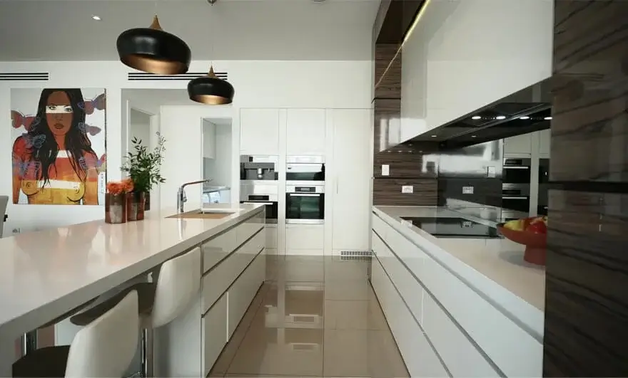 Interior design mockup showcasing a parallel modular kitchen with modern fixtures, sleek cabinets, and a contemporary layout.