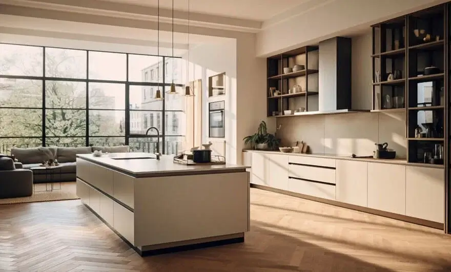 Modern kitchen interior design featuring a parallel modular kitchen layout with sleek cabinets, contemporary fixtures, and a stylish, functional space.
